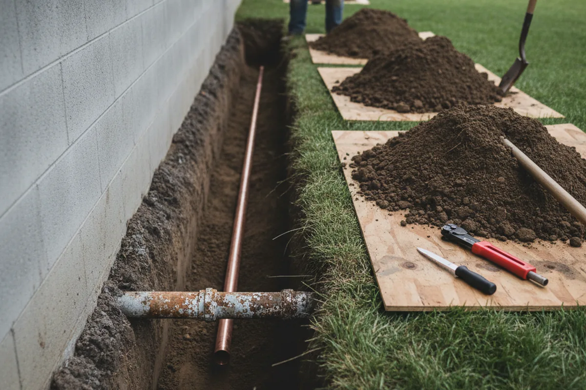 Excavated water line trench during Water Softener Installation in Pembroke